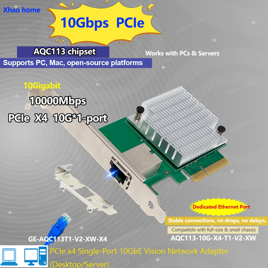 AQC113 10G/5G/2.5G/1GBase-T PCIe 3.0 x4 Ethernet Adapter Single Port RJ45 Multi-Gigabit NIC Server/PC/NAS for Windows/Linux