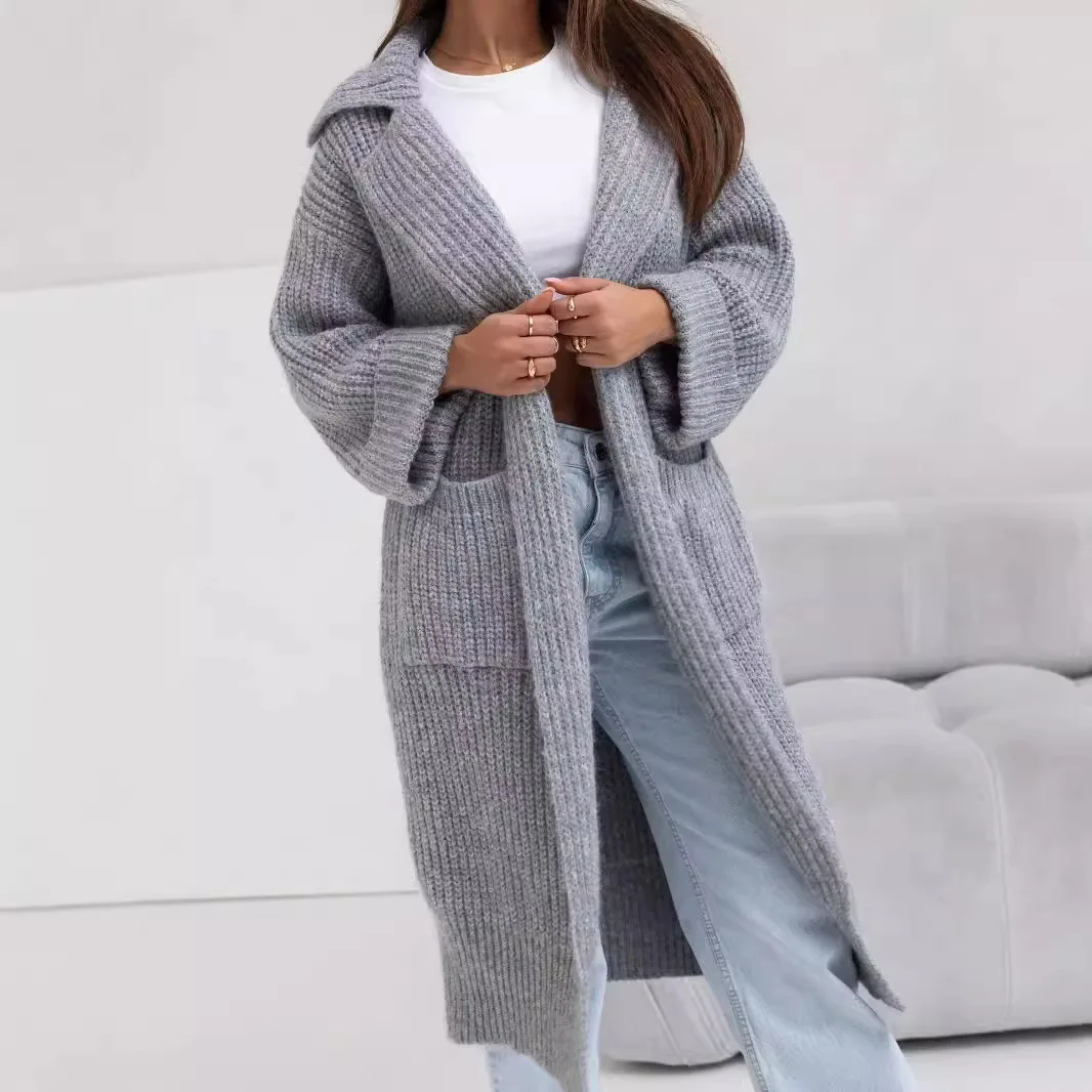 

2025 New Women's Mid Length Knitted Cardigan Thickened Turn Down Collar Pocket Design Loose Sweater Outerwear