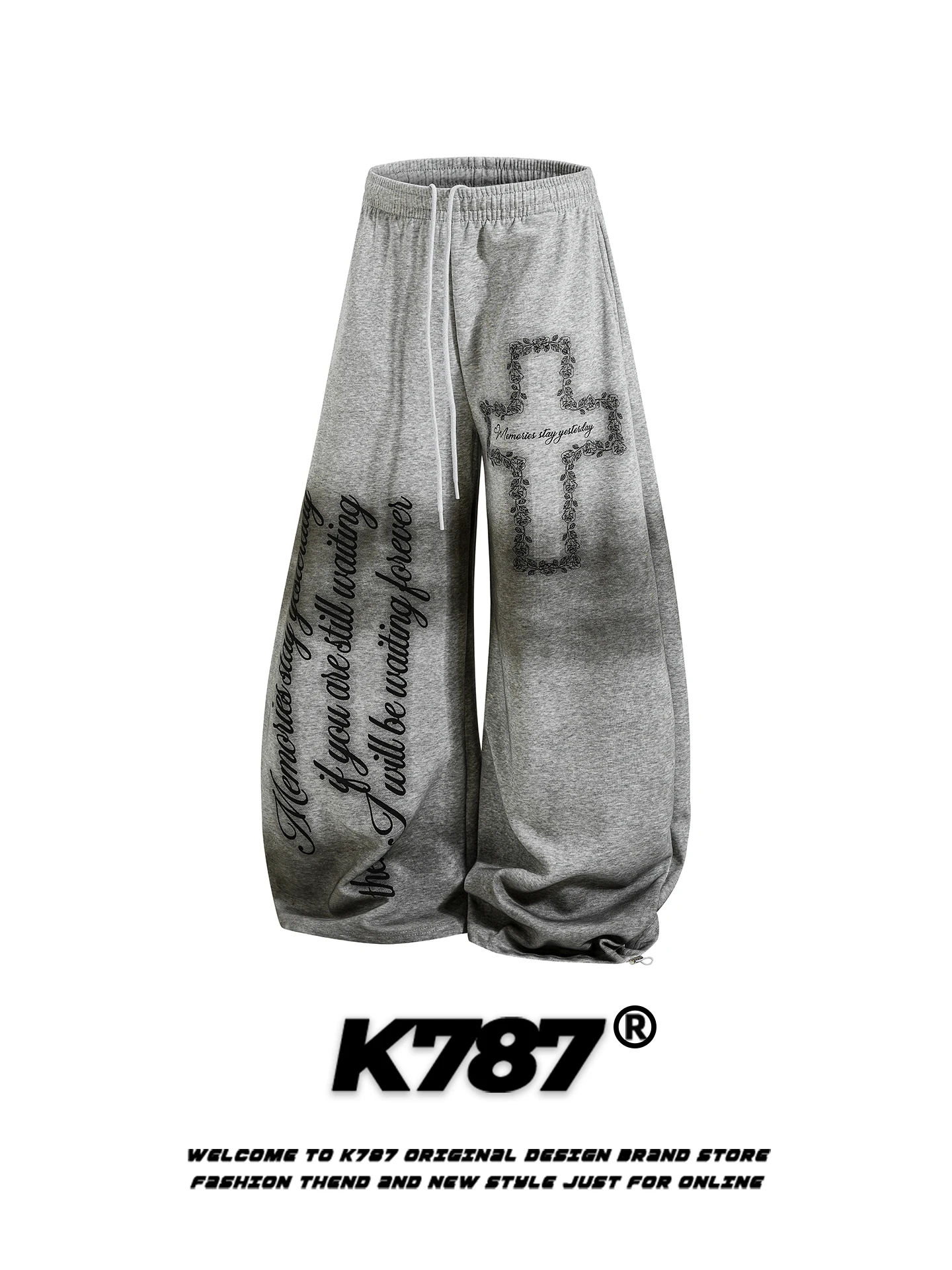 

K787 American Retro Gothic Cross Blade Pants Men's Loose Casual Sports Wide Leg Long Trousers Dirt Dyeing Print Elastic Waist