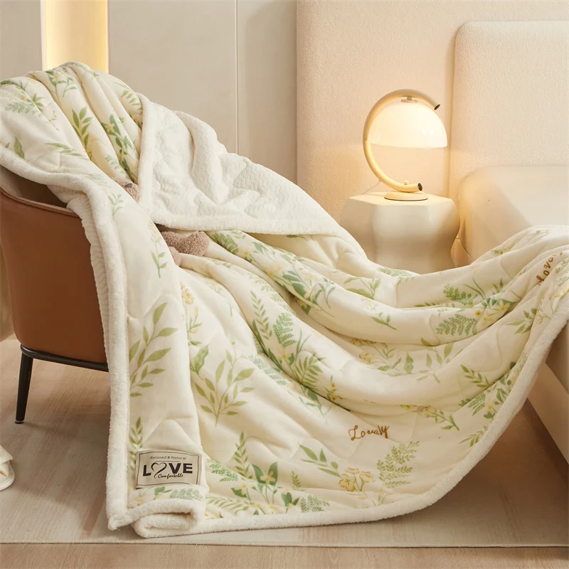 Botanical Floral Blanket for Recliner Bed, Extra Thick Warm 3 Layers Flannel Blanket for Winter Autumn, Soft Plush Throw Blanket