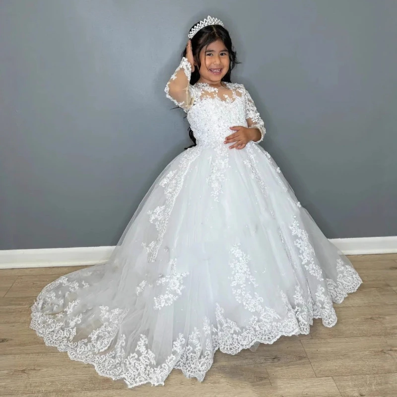 2026Sleeve Performance Host Birthday Kids White Evening Dress Children Sweep Train Tutu Long  Piano Runway Pageant Gown Costume