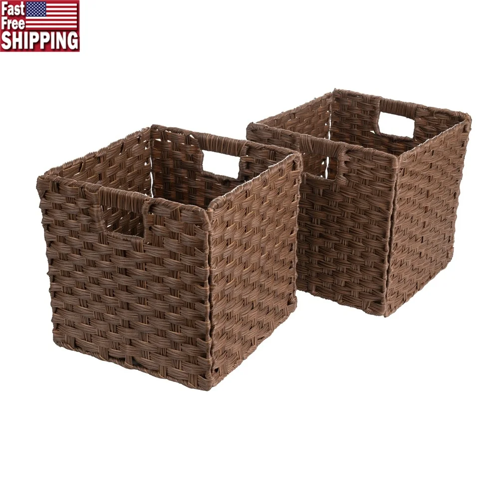 

Foldable Synthetic Plastic Wicker Storage Baskets Set of 2 Durable Iron Wire Frame Collapsible Organizers Books Clothing Home