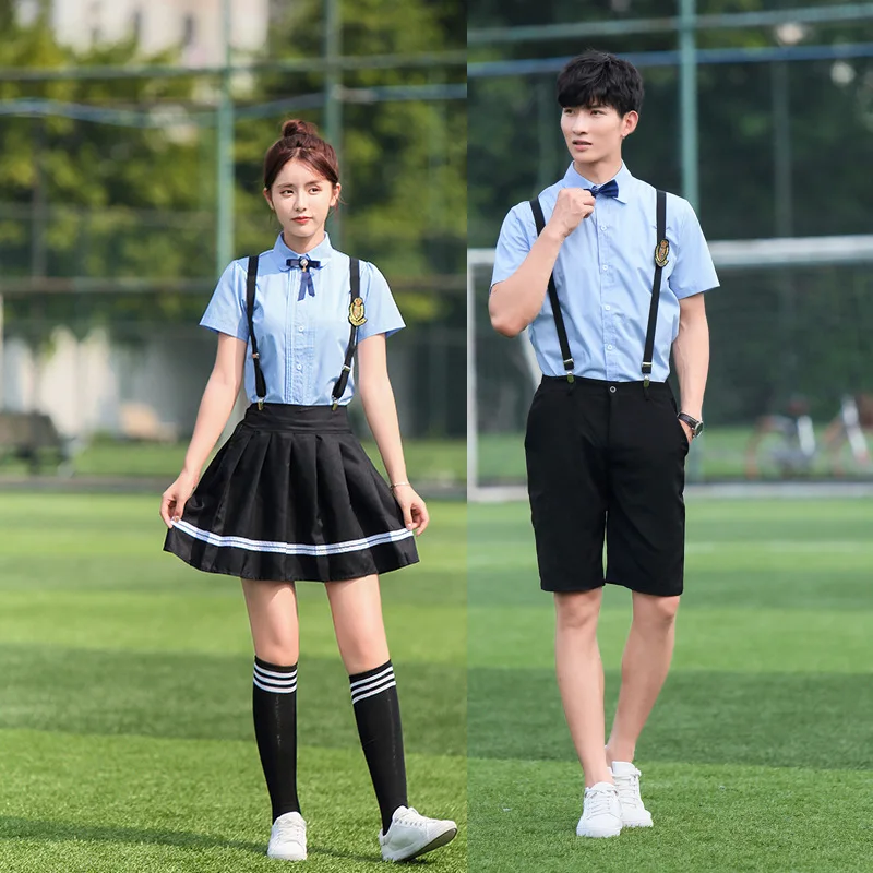 Schuluniform-Set für Jungen, koreanische britische Klassenuniformen, High School JK, Sommer, blaues Hemd, Faltenrock, Shorts, Cosplay-Kostüm