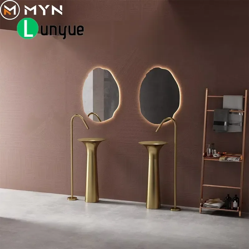 Luxury Gold Flared Freestanding Bathroom Basin 304 Stainless Steel Pedestal Sink Modern Vanity Washbasin for Hotel Home Decor