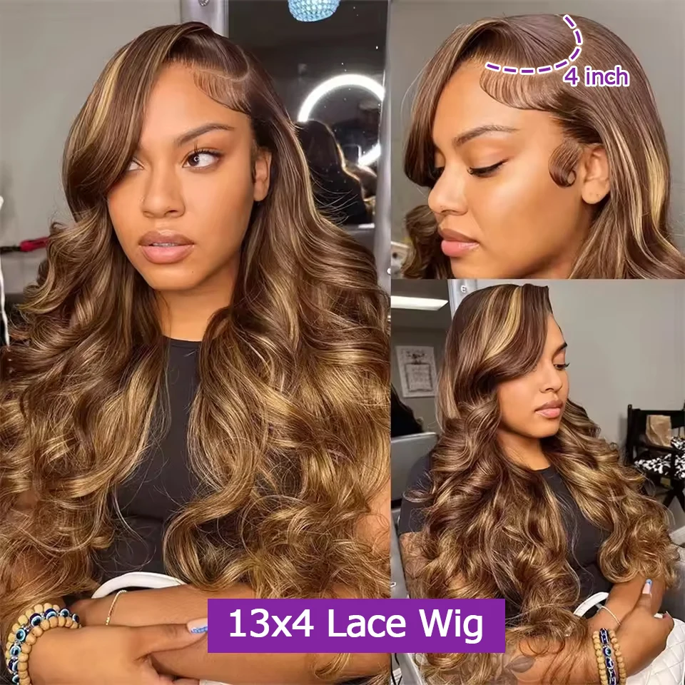 13x4 Highlight Ombre Lace Front Wig Human Hair 4/27 Body Wave Honey Blonde Pre Plucked With Baby Hair HD Lace Front Wigs 200%