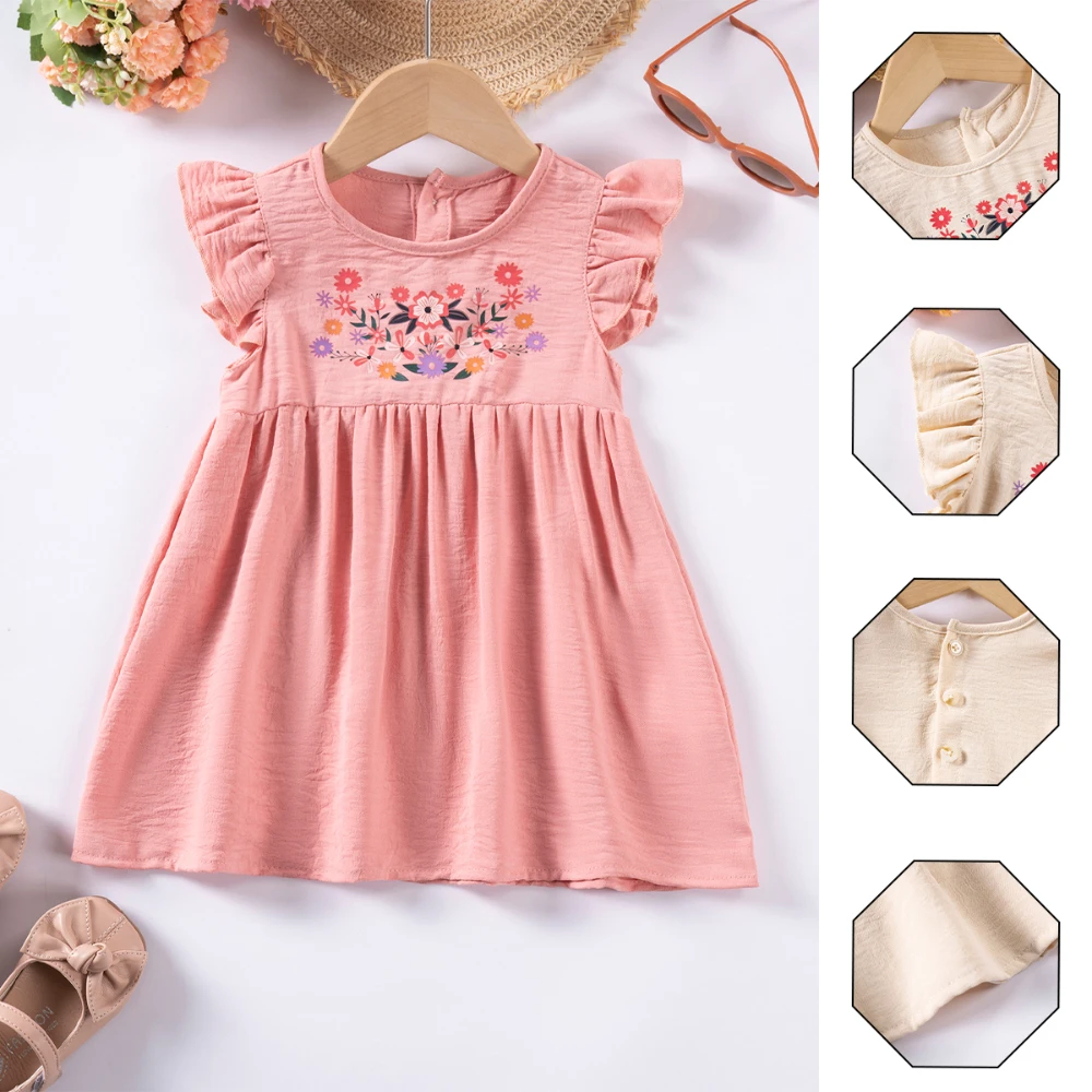 

Summer Girls' Dresses Fashion Children's Clothing Floral Small Fly Sleeve Princess Dress Printed Button Knee-length Dress