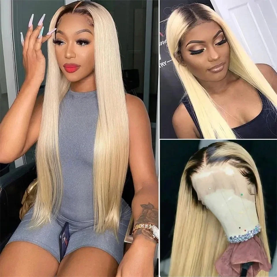 Straight 1B613 Lace Front Wig Virgin Human Hair for Black Women 13x4 Transparent Lace Frontal Ombre Blonde Real Hair Wigs 180% D