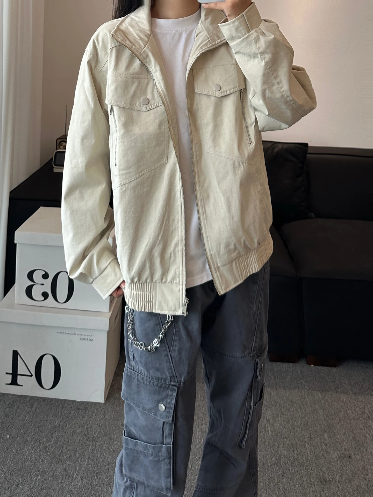 

ay Stand Collar Workwear Jaet Men's American Sle High End Baseball Cleanfit Harrington Jaet Casual Loose Fit Breathable