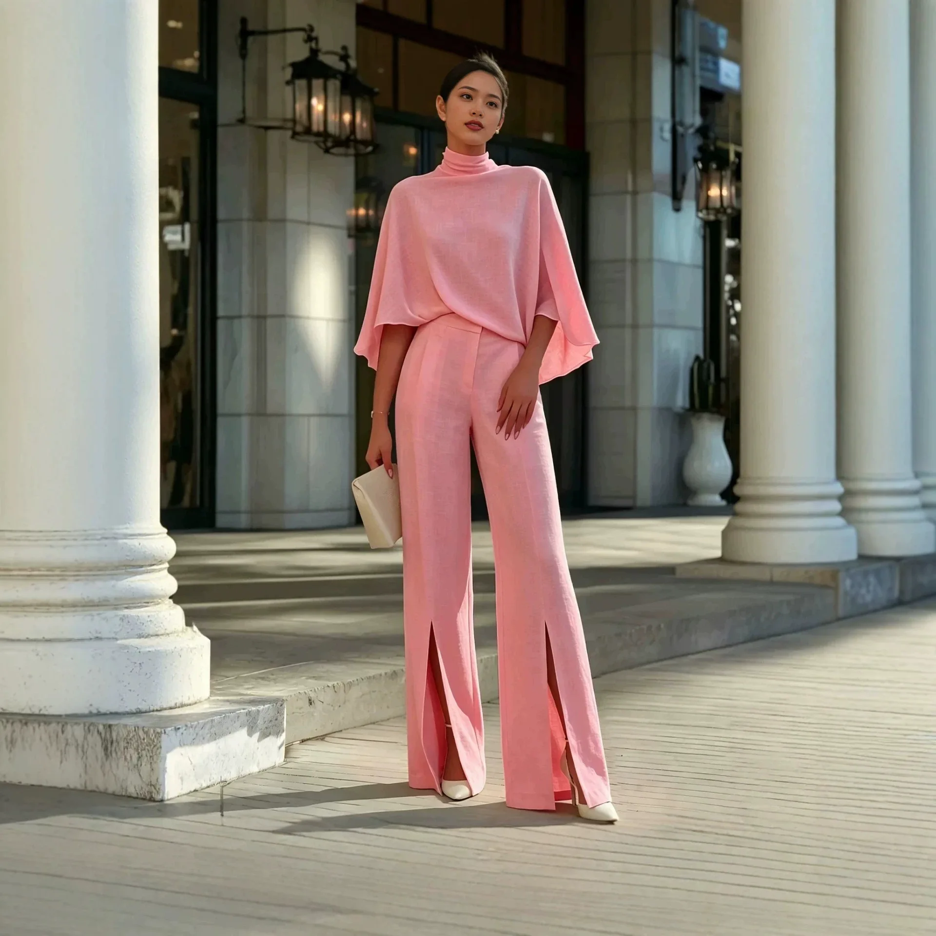 Two-piece Set 2026 Cross-border Europe, America, Amazon Solid Color Temperament Elegant Semi-turtleneck Shawl Top Split Wide-leg