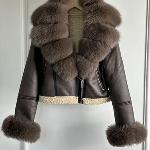 Lagabogy-Jacket Real Fox Fur Collar الشتاء سميك جلد صناعي للنساء سحاب طية صدر السترة قصير PU معطف دراجة دافئة للدراجات النارية 2022 أعلى 8 مبيعات معطف فرو الثعلب الحقيقي - رقم 6