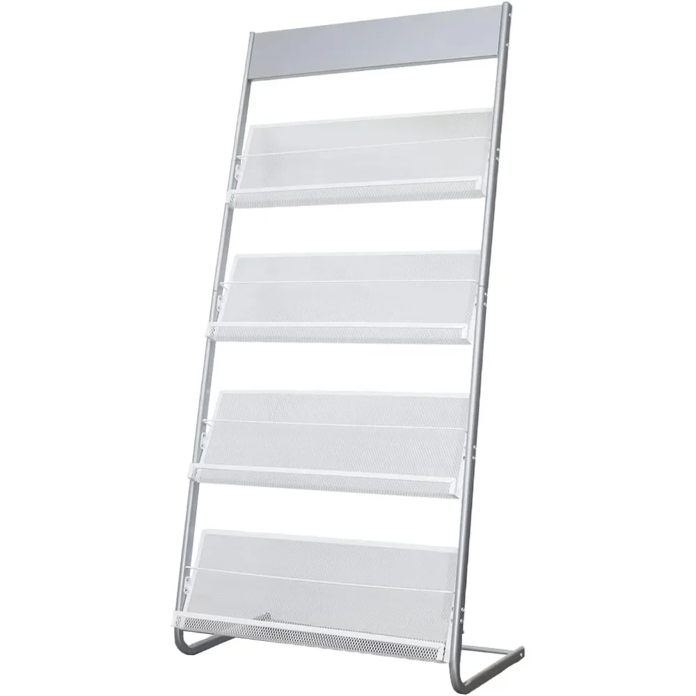 Floor magazine rack, 4-layer iron newspaper display rack mobile bookshelf simple single page rack