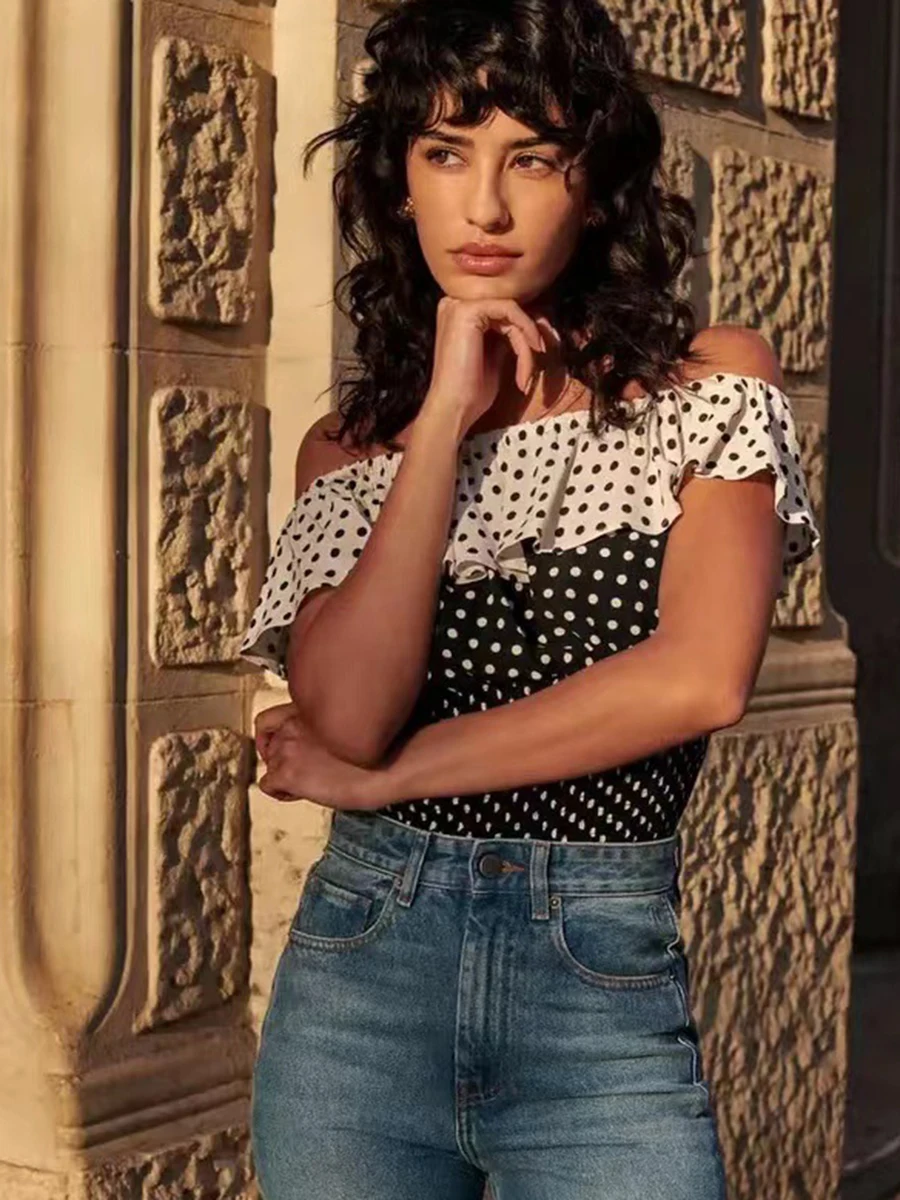 

Dot Print Casual Suit Female Ruffles Slash Neck T-shirt Patchwork Skirt Sets Summer Elegant Vintage Chic Two Piece Set Women