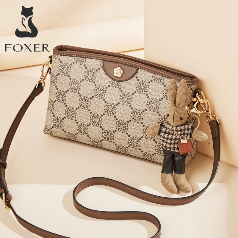 FOXER Women PVC Monogram Print Crossbody Bag Lovely Rabbit Shoulder Bag Multi-Pocket Female Adjustable Strap Khaki Messenger Bag