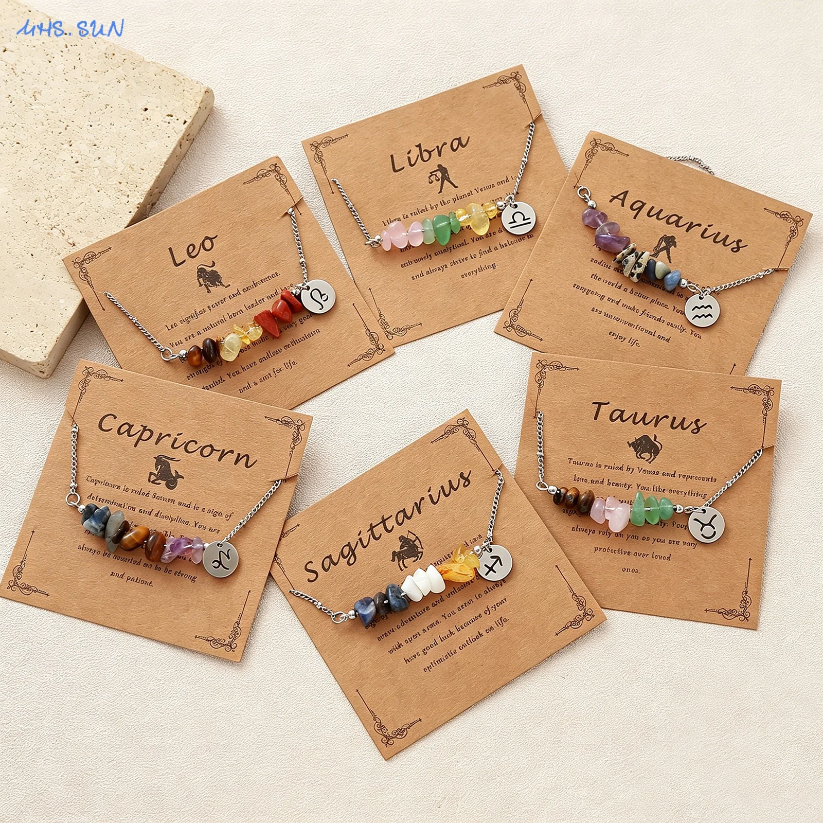 MHS.SUN 12 Star Zodiac Sign Gravel Natural Stone Chains Bracelets With Card Couples Constellation Birthday Party Jewelry