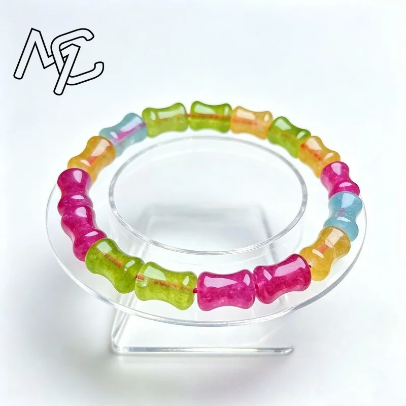 Natural Jade Rainbow Tourmaline Bamboo Joint Bracelet Accessories Gemstone Charm Beads Bangle Luxury Carved Talismans Gifts