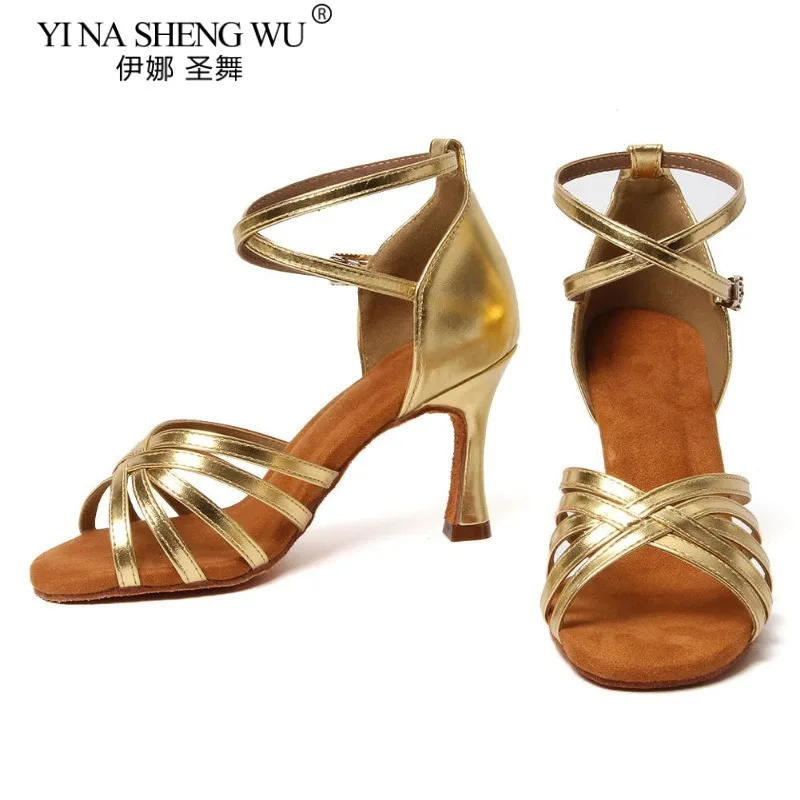 รองเท้าเต้นรำละตินสำหรับผู้หญิง พื้นนุ่ม รองเท้าเต้นบอลรูม แทงโก้ รองเท้าเต้นรำในร่ม สีทอง ส้นสูงแบบคิวบา 5ซม./7ซม./8ซม. รองเท้าเต้นรำสำหรับงานปาร์ตี้ ขายส่ง
