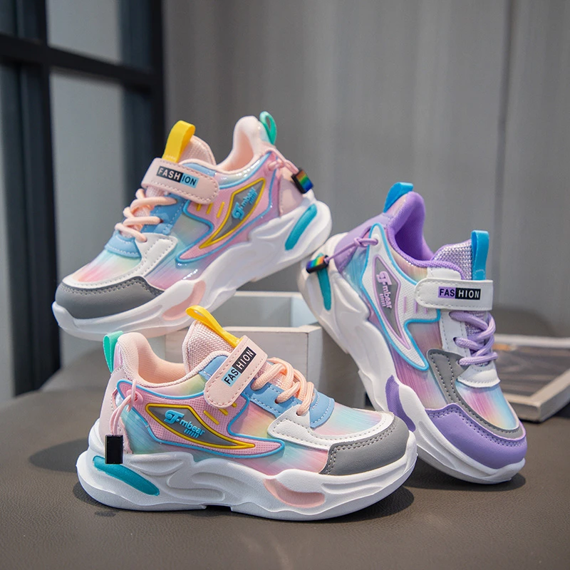 

2025 Spring Autumn New Dad Shoes for Girls Breathable Soft Bottom Casual Sneakers for Kids Leather Surface Running Kids Shoes