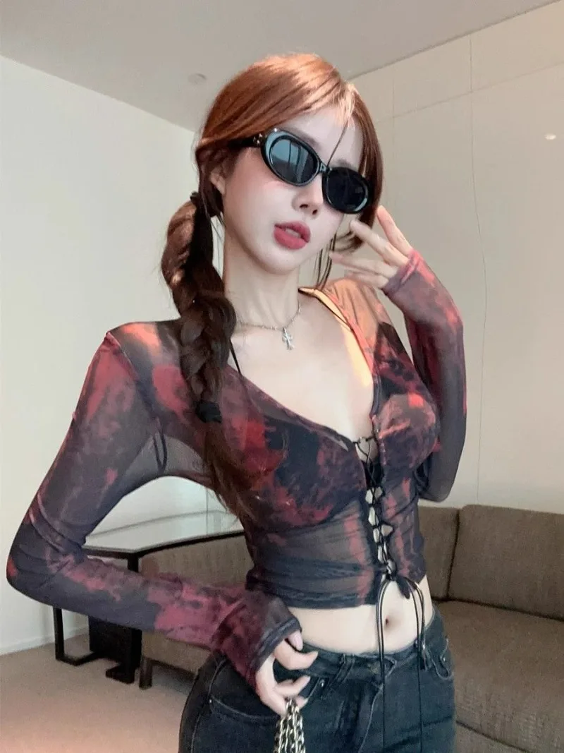 

Tie Dye Mesh Sunscreen Long Sleeved T-shirts Blusas Mujer V Neck Crop Blouse Camisas Y2k Print Chiffon Shirts Vintage Thin