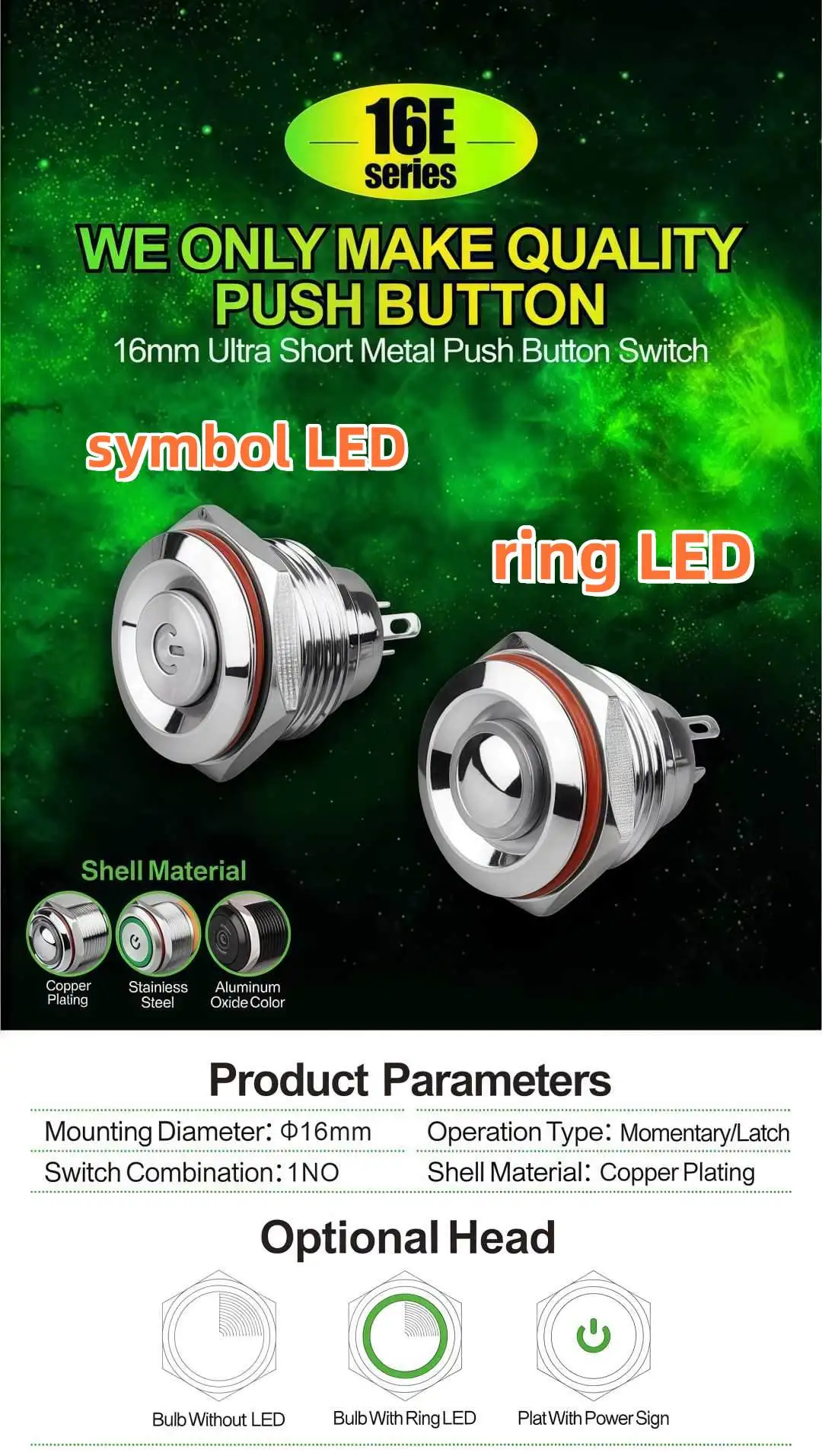 LANBOO 16 mm rot grün blau LED selbstsichernder Reset 1NO-Knopfschalter mit Metall-Signallampe – Detail 5
