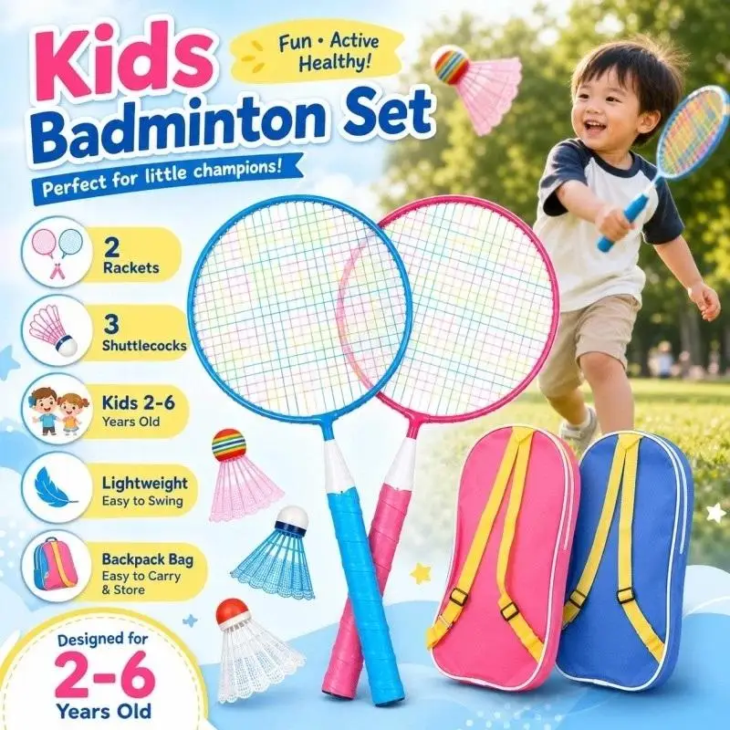 @*Kids Badminton Racket 2PCS Starter Set with 3 Balls Easy to Carry for Outdoor Beach Sports Best Gift for 3-12 Years Kids
