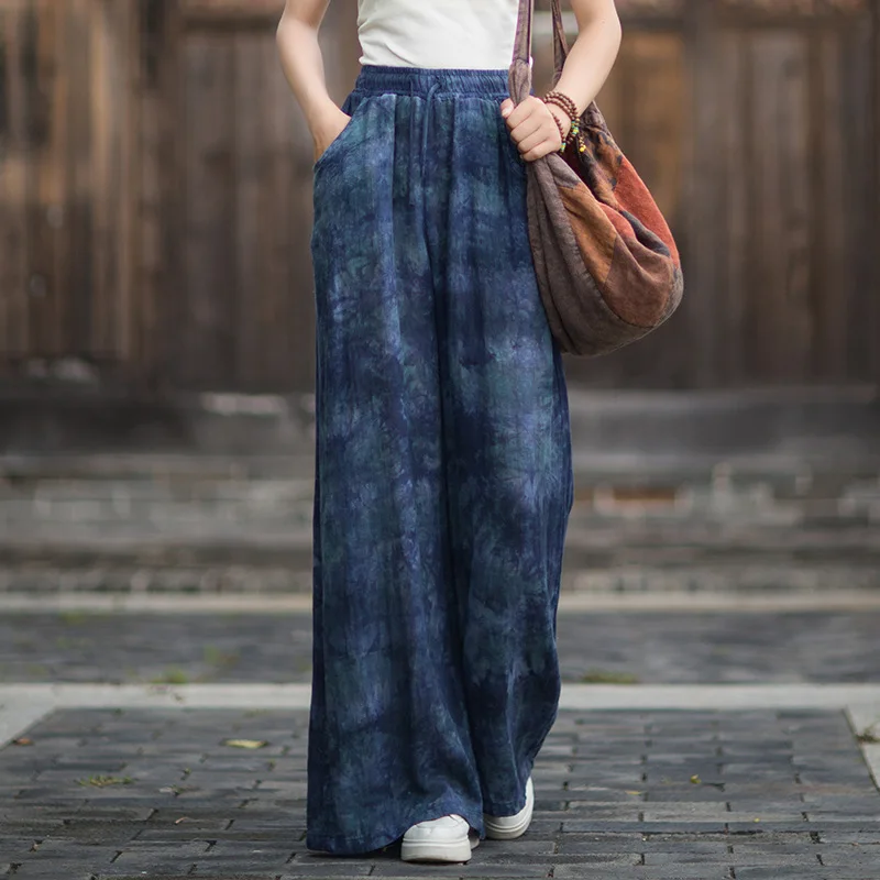 

Autumn Cotton Linen Women's Pants Original Plaid Print Loose Wide-Leg Trousers