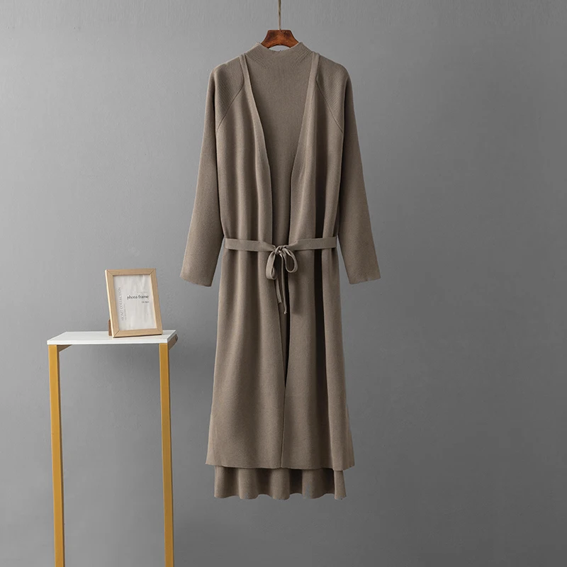 Women Knitted Long Cardigan And Dresses Suits Long Sleeve Cardigan Knit Coat And Strap Dress 2 Piece Female Autumn Sweater Sets