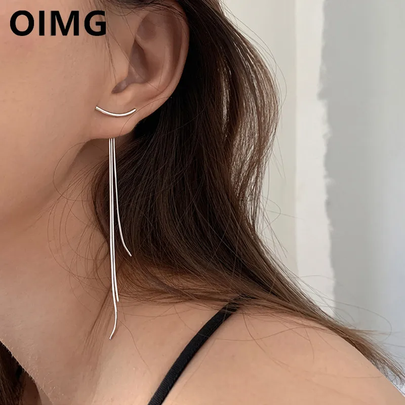 OIMG Silver - Plated Arc-shaped Long Tassel Ear Line Earrings for Women Temperament Snake Bone Chains Jewelry Hypoallergenic