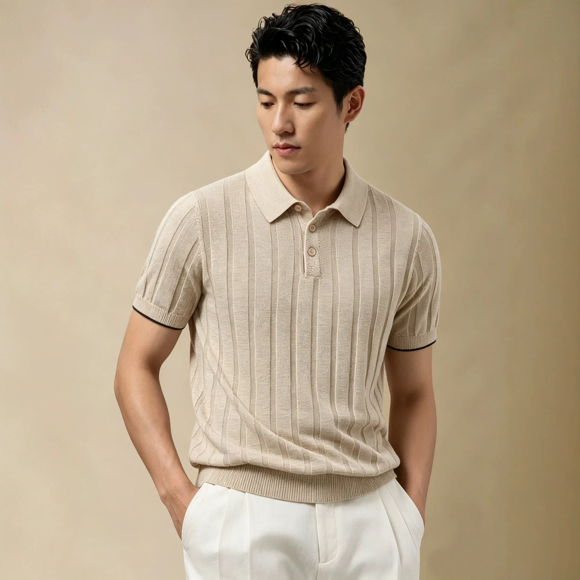 Italian Retro Old Money Style 70% Linen Breathable Moisture-Wicking Hollow-Out Knit Polo Shirt Summer Men's Business T-Shirts