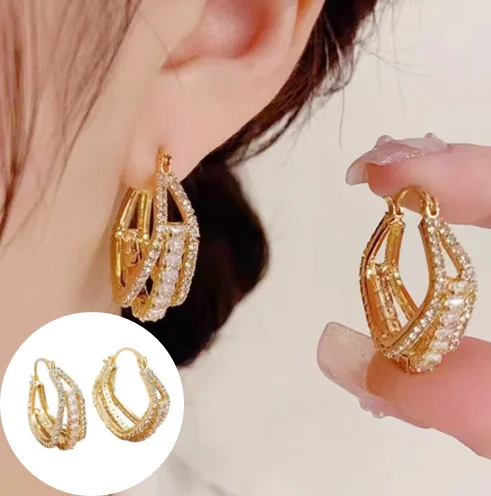 2025 South Korea New Design Fashion Jewelry Golden Square Three-layer Zircon Earrings Luxury Women's Party Accessories 귀걸이