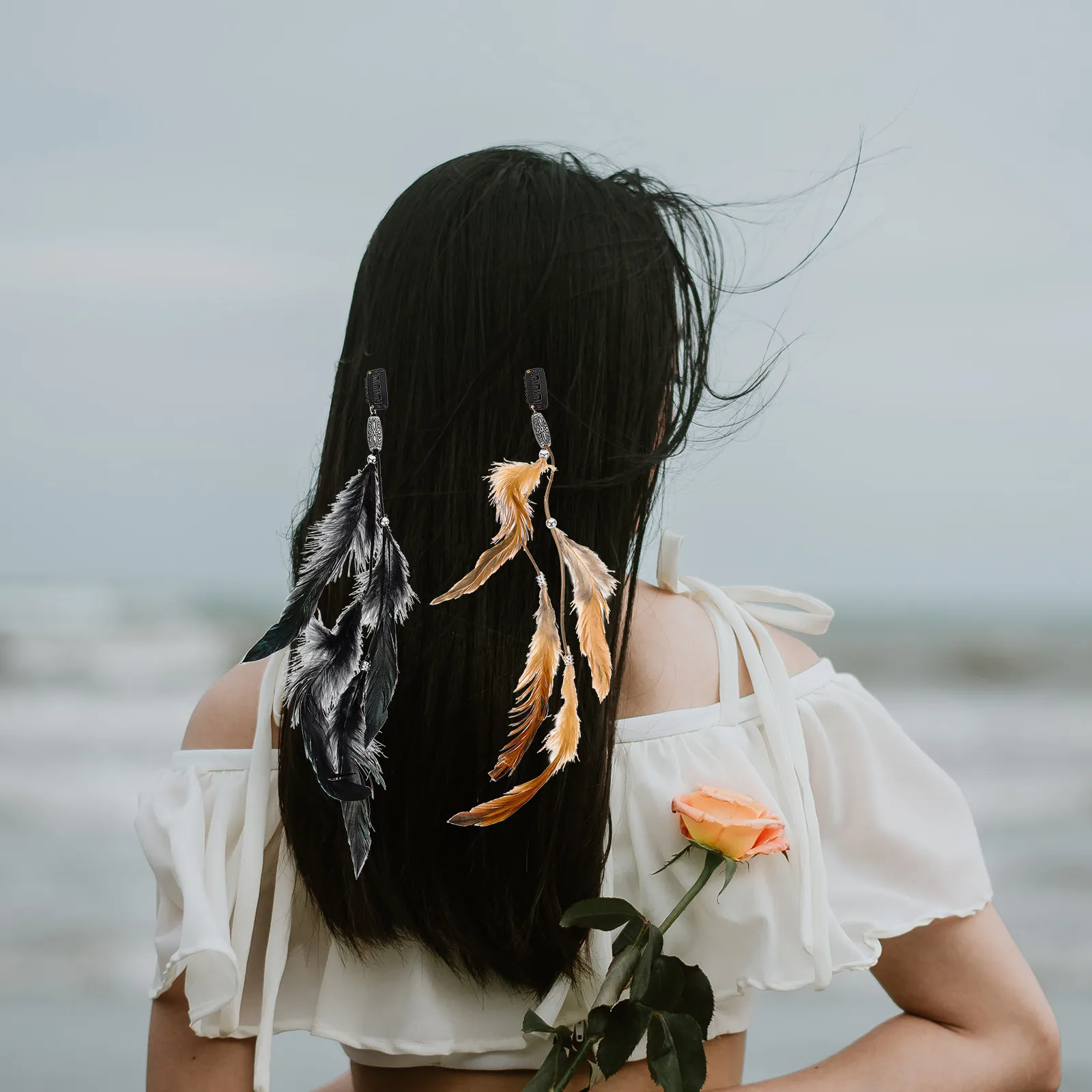 

1Set Plume Hair Clips Hairband Kit Bohemia Headdress Long Plume Headband Masquerade Party Cosplay Stage Photo Prop Women