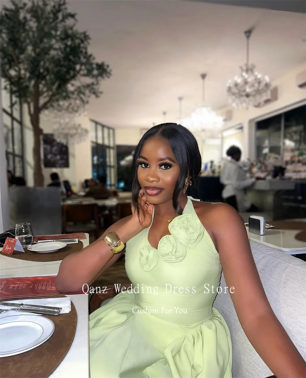 Qanz Mintgrünes Satin-Abschlussballkleid, Neckholder, knöchellang, formelles Abendkleid, Damen, Blumen, ärmellos, Roben de Soirée, individuell gestaltet