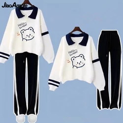 Conjunto de 2 piezas de estilo Preppy coreano para estudiantes, sudadera con estampado de oso de dibujos animados, pantalones, trajes, Top y pantalones, primavera y otoño