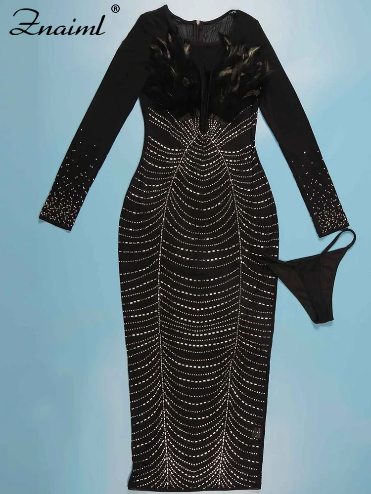 Znaiml Luxury Rhinestone Feathers Prom Party Midi Dress for Women Sexy Mesh See Through Long Sleeve Patchwork Birthday Vestidos
