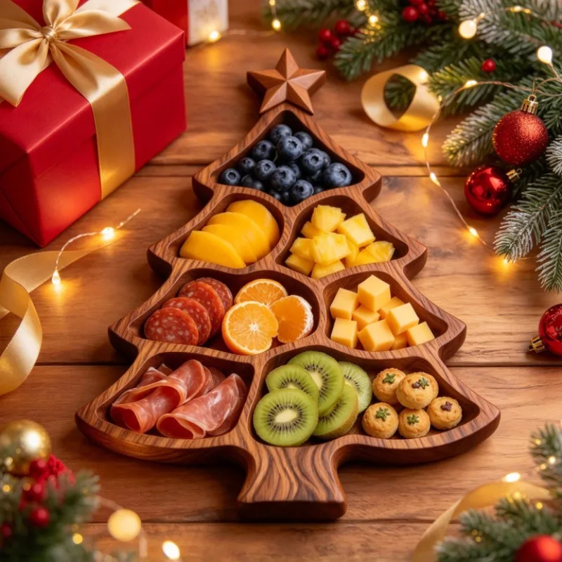 Christmas Tree Wooden Irregular Serving Tray Desktop Fruit Candy Nut Cookie Snack Plate for Home Table Party Use