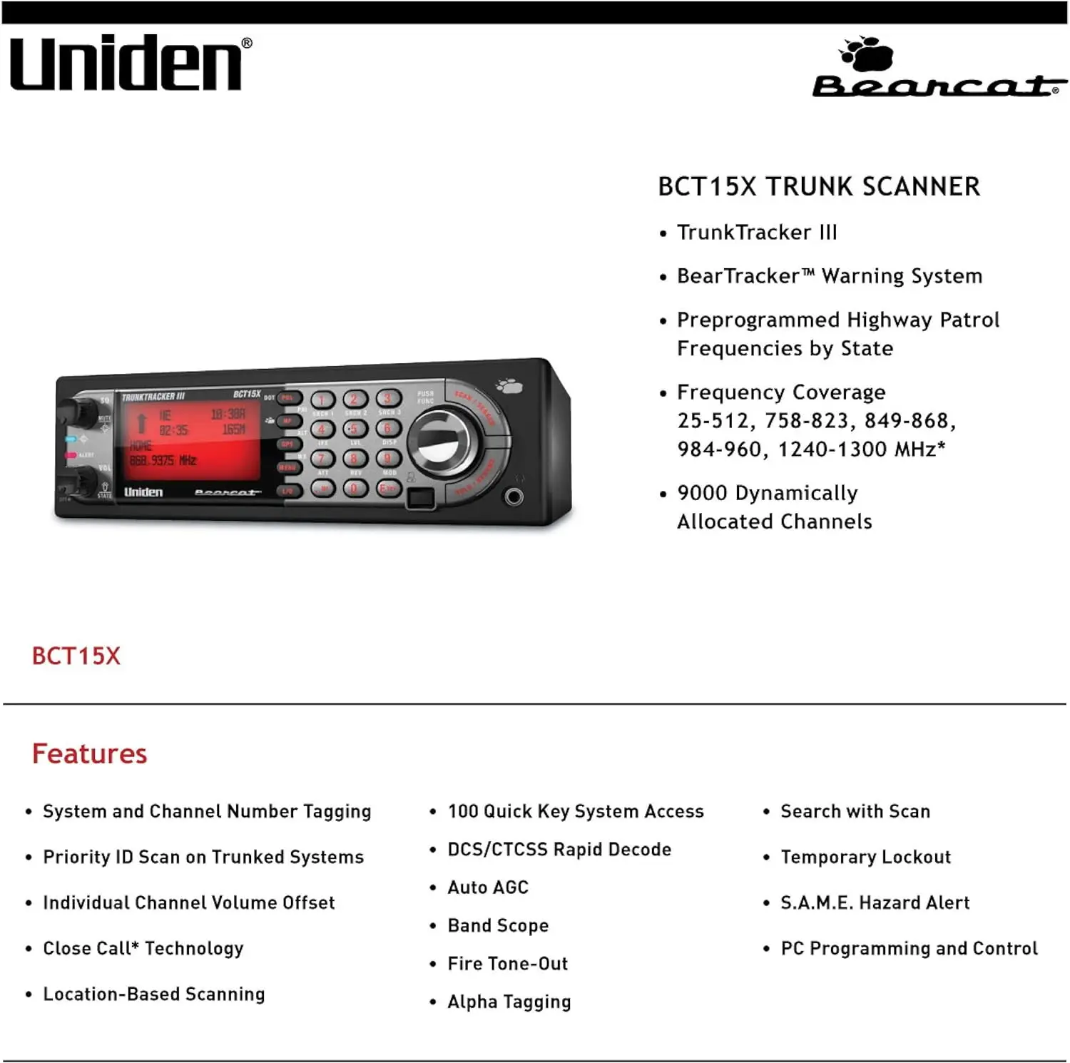 Uniden BearTracker Scanner (BCT15X) with 9,000 Channels, TrunkTracker III Technology, Base/Mobile Design