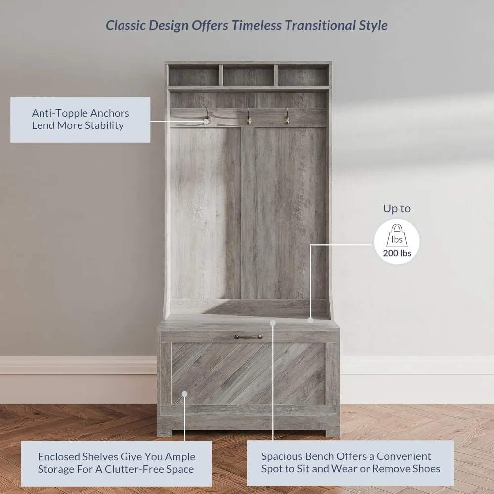 مقعد تخزين للمدخل 3 في 1 قائم بذاته، ورف الأحذية، ورف المعاطف - لمسة نهائية رمادية اللون، وتصميم موفر للمساحة