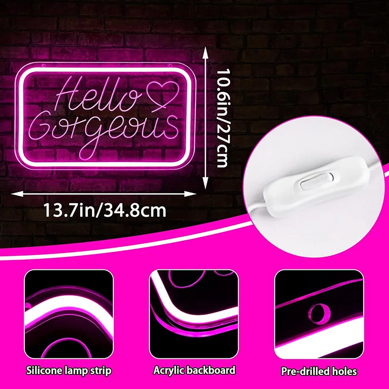 مرحبا رائع النيون لتزيين الحائط مرحبا جميلة LED تضيء تسجيل للفتيات غرفة القلب أضواء ديكور علامات النيون الوردي #2