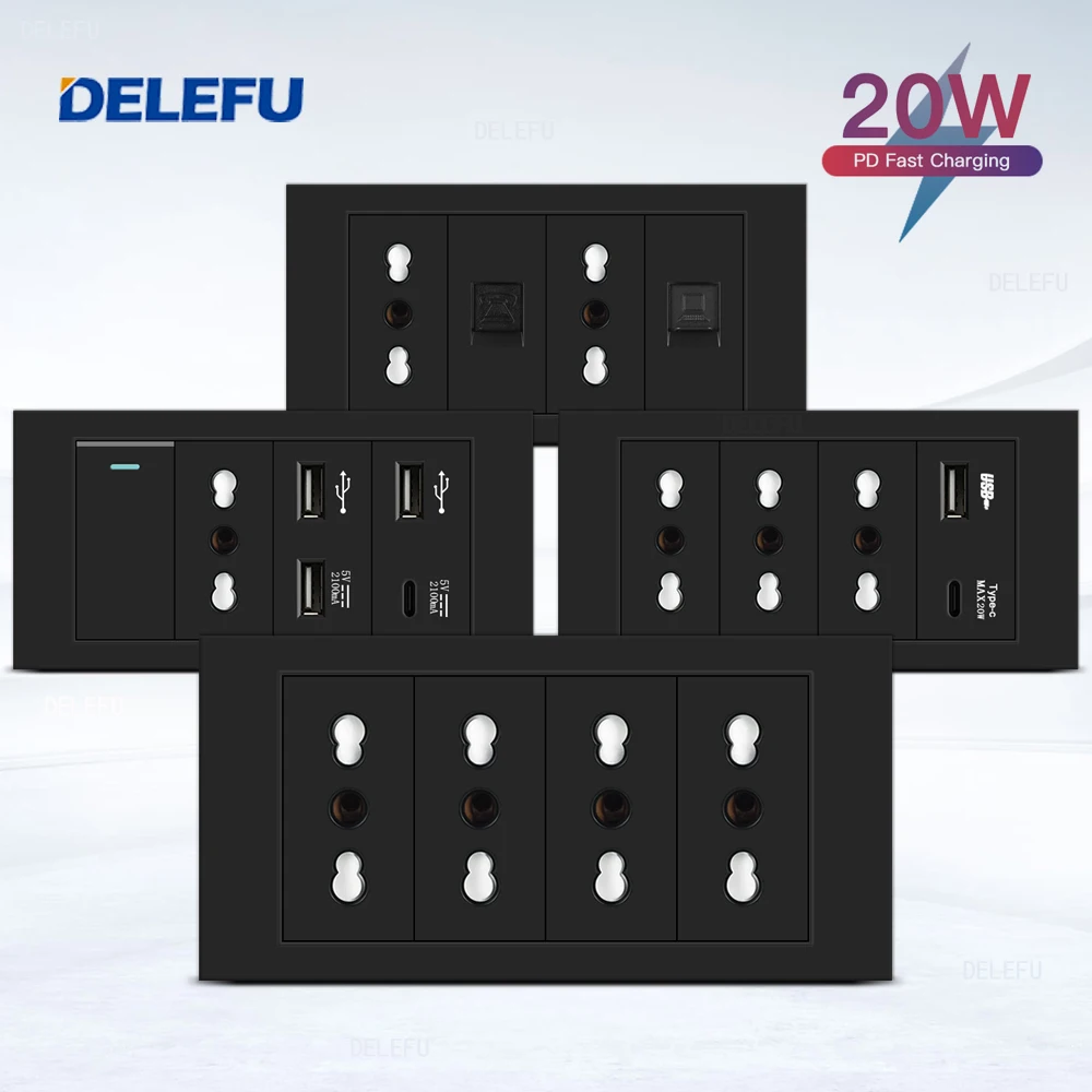 DELEFU Flame Retardant SC31 Panel 145mm Black Italian Standard USB Type C Fast Charging Wall Socket Switch TV Phone CAT5 CAT6