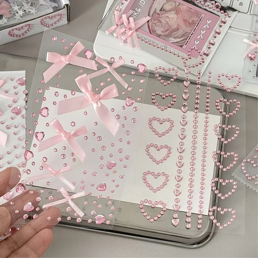 1/2pcs Pink Bow Self-Adhesive stickers, pink heart Decoration stickers, Suitable for Facial Makeup, Postcard Book Cutters