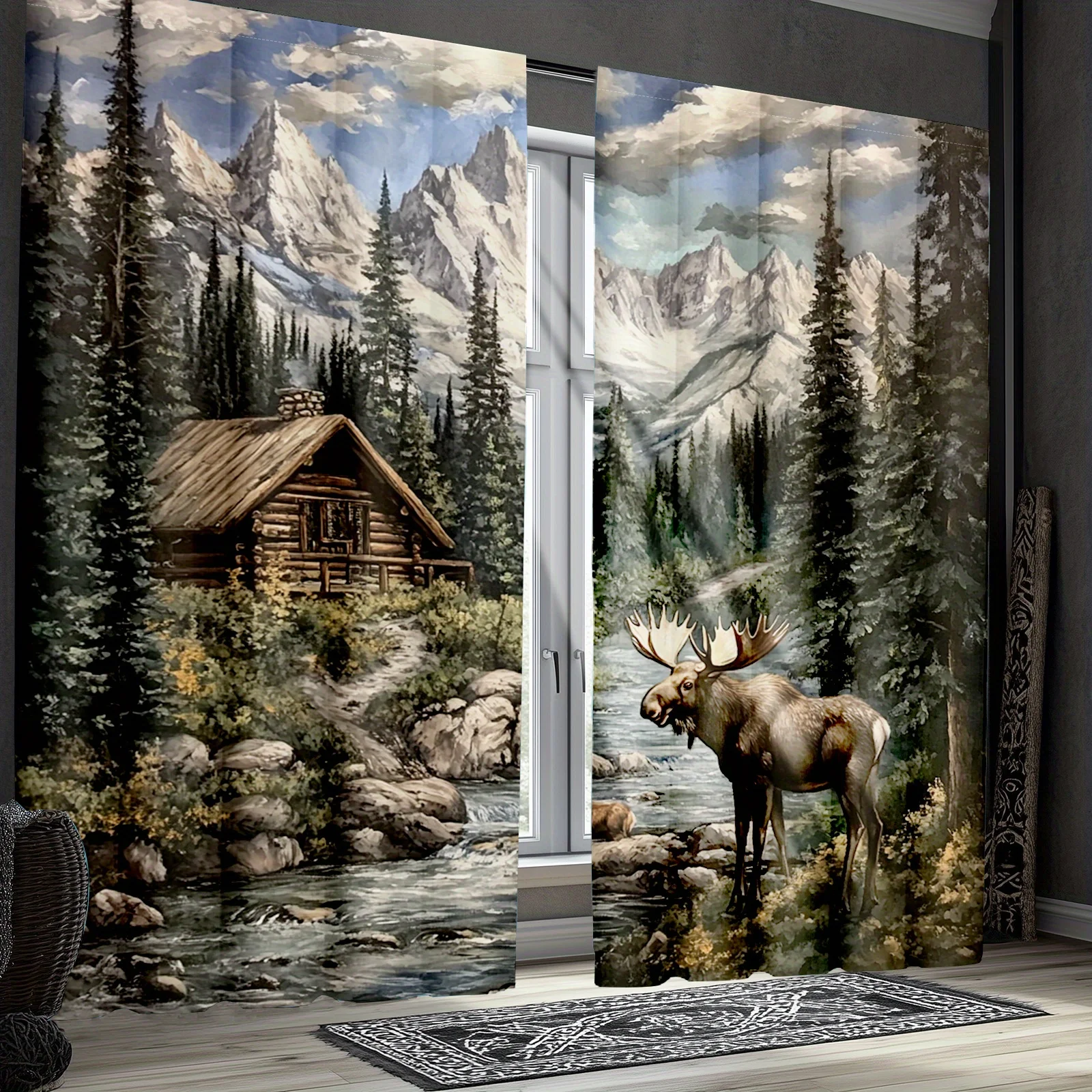 Nature Forest Curtains Wild Mountain Alpine Deer Scene Rustic Wilderness Home Decor Window Curtain Panels Large Print Tapestry