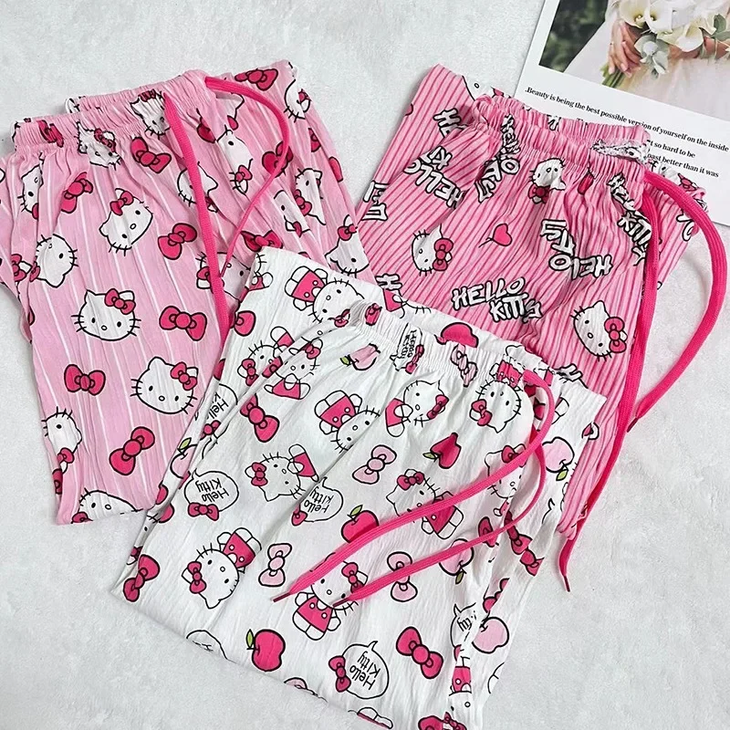 Sanrioed Hello Kittys Pants Summer Loose Thin Pajamas Cute Anime Pajamas Multi-color Home Pants Comfortable Casual Girl Gift