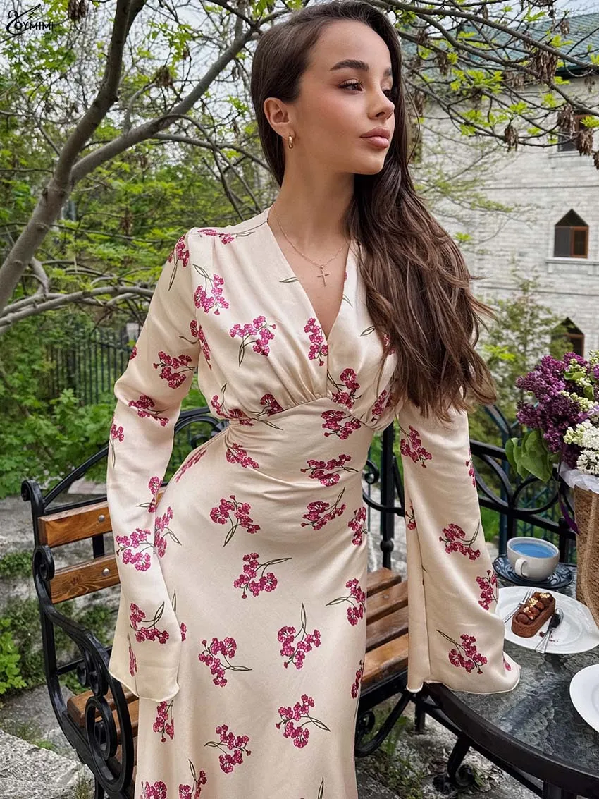 Oymimi elegante vestido feminino estampado preto moda cetim com decote em v manga comprida vestidos de renda outono cintura alta vestidos até o chão