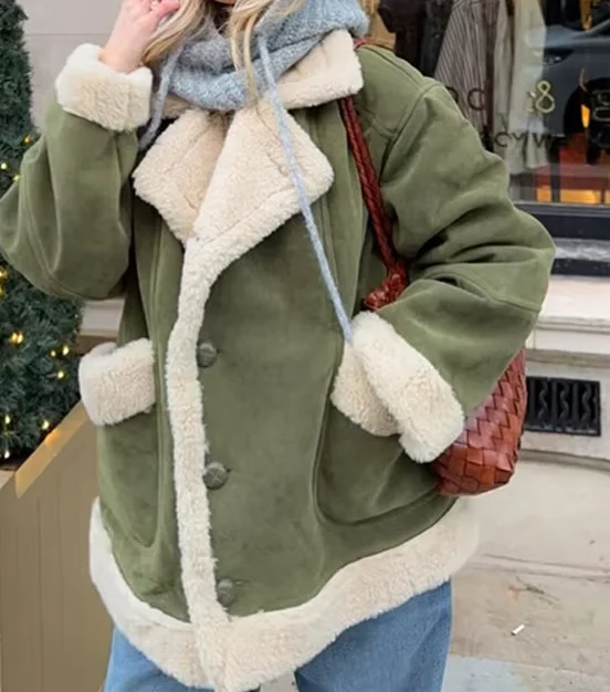 

Vintage Green Patchwork Loose Jacket Long Sleeve With Pockets Lapel Single Breasted Warm Coat Winter FASHION Street Colorful Top