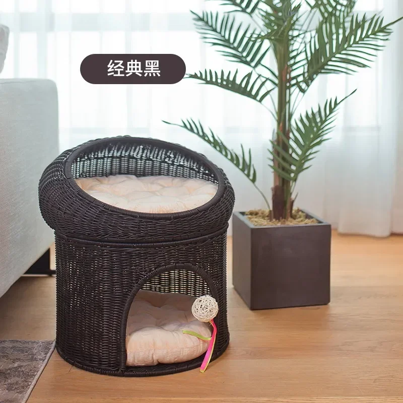 Thermal Braided Kitty Retreat, Two-tier Roomy Cove, Semi-sealed Wicker Enclosure, Thickened Scandinavian Habitat