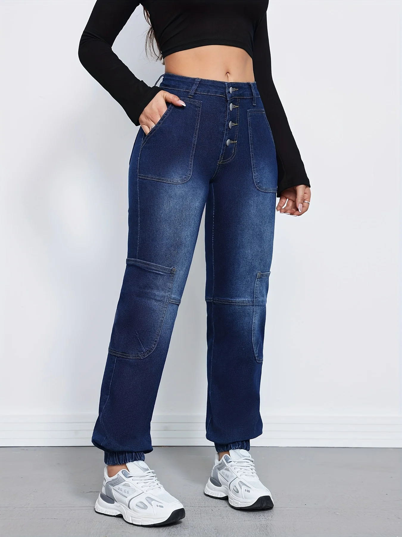 파란색 하이웨이스트 스트레이트 레그 진, 포켓 포함, 루즈핏, 신축성 있는 캐주얼 카고 팬츠 스타일, 여성용 청바지 및 의류