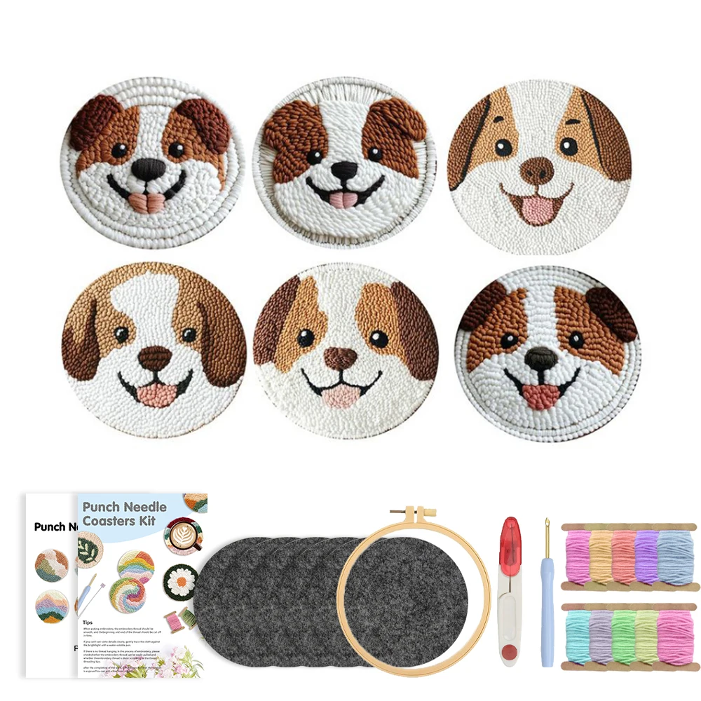

Embroidery Punch Needle Coaster Kit for Adults Cute Dog Magic Embroidery Needle Set Tufted Mug Rug Coasters DIY Wool Craft