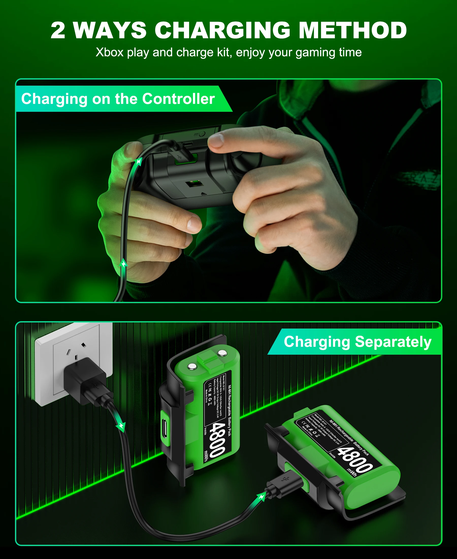 BEBONCOOL  Rechargeable Battery Pack For Xbox One Gamepads 2*4800mWh Batteries For Xbox Series X/S Controller With Type-C Cable view 5