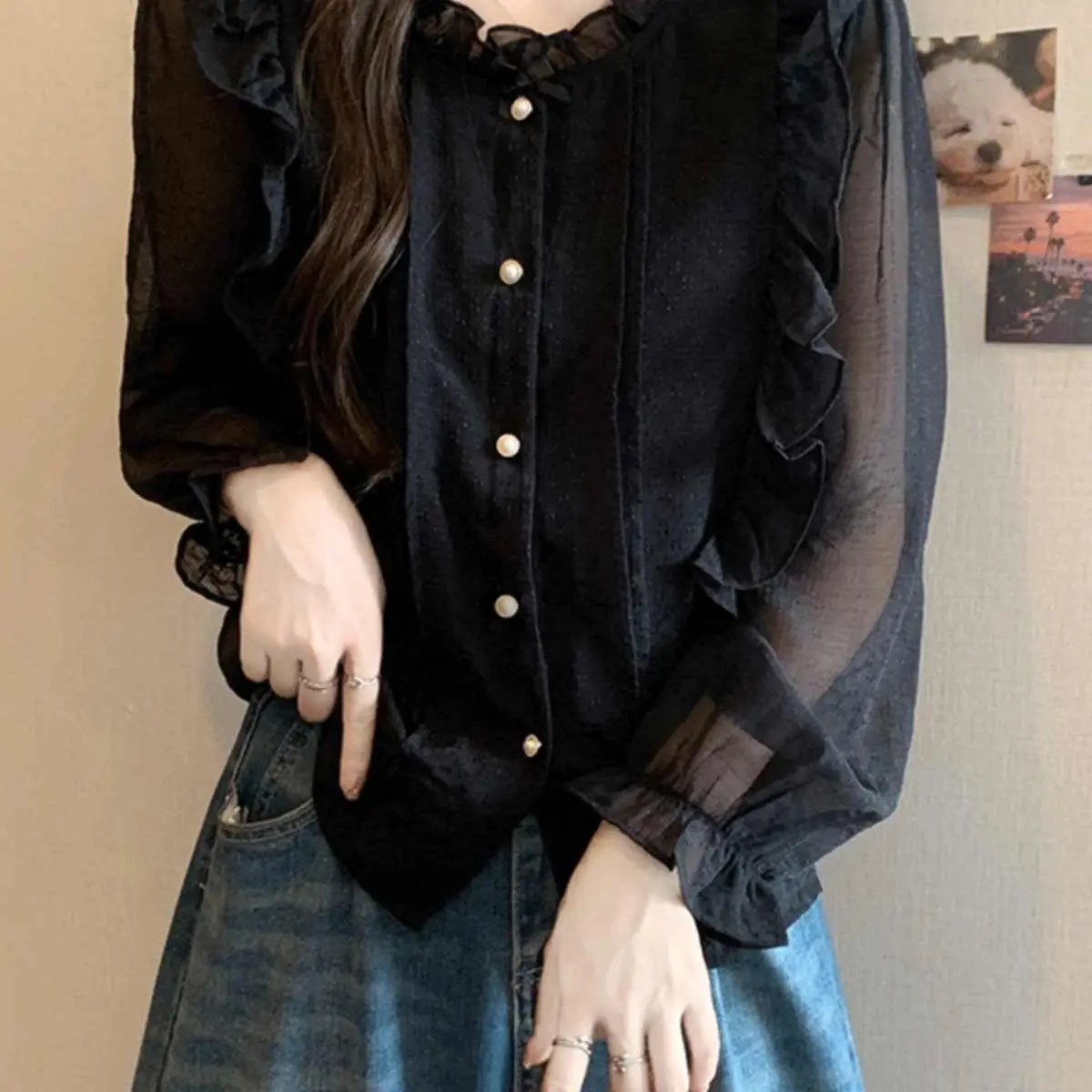 Elegante camicetta in chiffon con volant stile francese da donna