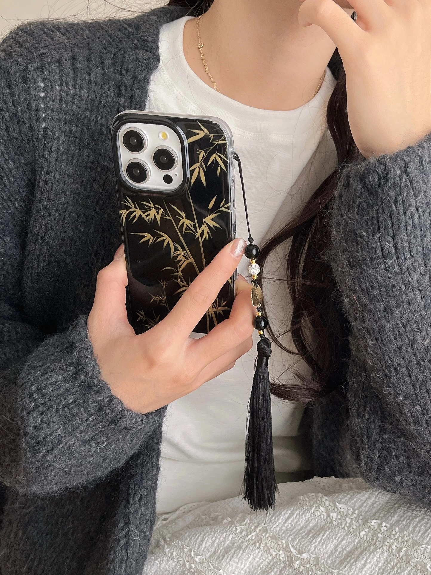 Chinese Style Glitter Powder Bamboo Red Crowned Crane Fan Pendant Phone Case for iPhone 16 15 14 13 Pro MaxBack Cover Funda