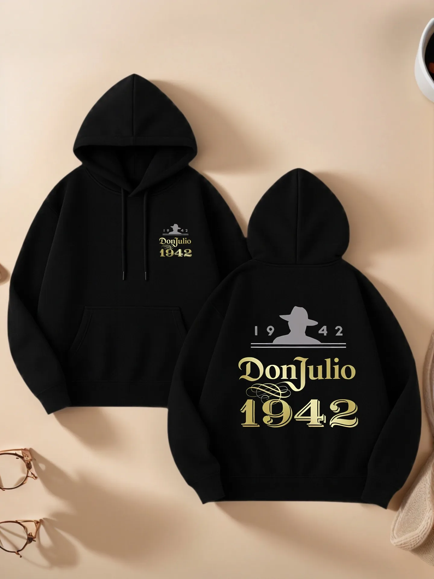 

Don Julio 1942 Graphic Print Essential Hoodie, Vintage Aesthetic, Fleece Lined, Casual Everyday Wear for Men